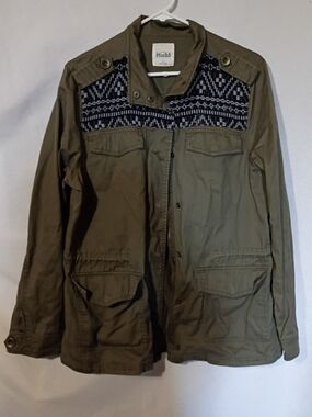 Womens Olive Green Utility Jacket with Patterned Yoke